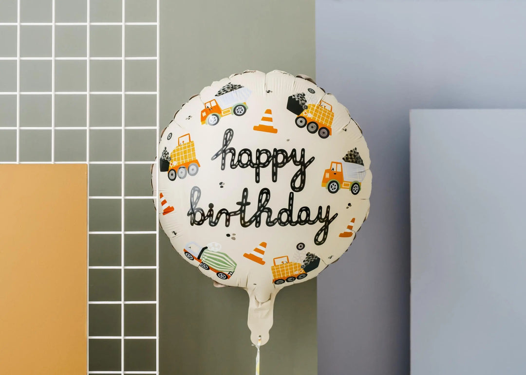 Construction Party Balloon - Happy Birthday Foil Balloon - Digger Vehicle Decorations - Truck Birthday - Cream Balloons - Construction Theme - Jolie Fete UK