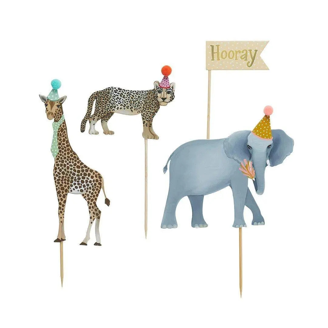 Safari Animal Cake Toppers - Leopard, Giraffe, Elephant & Hooray Flag -Wild One Birthday Jungle Theme Decor-Kids Birthday Supplies-Pack Of 4 - Jolie Fete UK