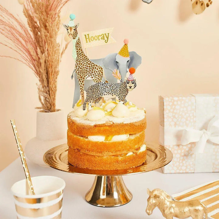 Safari Animal Cake Toppers - Leopard, Giraffe, Elephant & Hooray Flag -Wild One Birthday Jungle Theme Decor-Kids Birthday Supplies-Pack Of 4 - Jolie Fete UK