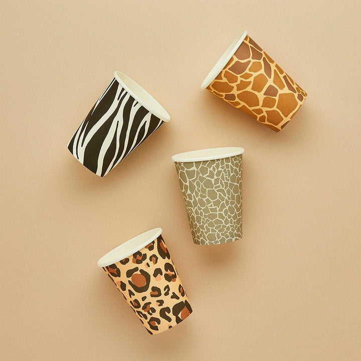 Safari Animal Paper Cups - 4 Designs: Zebra, Elephant, Giraffe, Tiger - Jungle Theme Birthday Party Decor - Wild One Tableware - Pack of 8 - Jolie Fete UK
