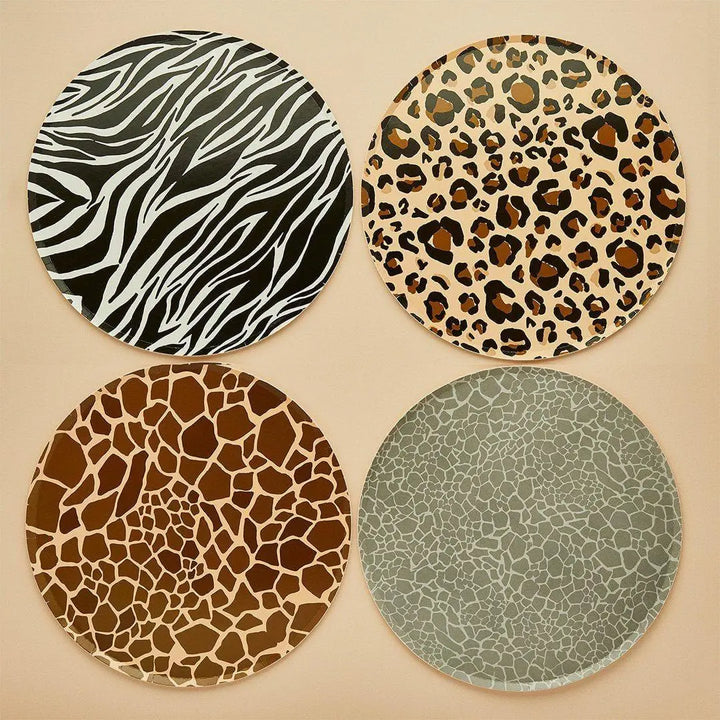 Safari Animal Paper Plates - 4 Designs: Zebra, Elephant, Giraffe, Leopard - Jungle Theme Birthday Party Decor - Wild One Tableware-Pack of 8 - Jolie Fete UK