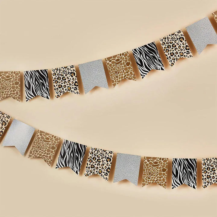 Safari Animal Print Bunting - Jungle Theme Flag Banner - Zebra Elephant Giraffe Tiger Designs - Wild One Birthday Party Decor - 2.5m - Jolie Fete UK