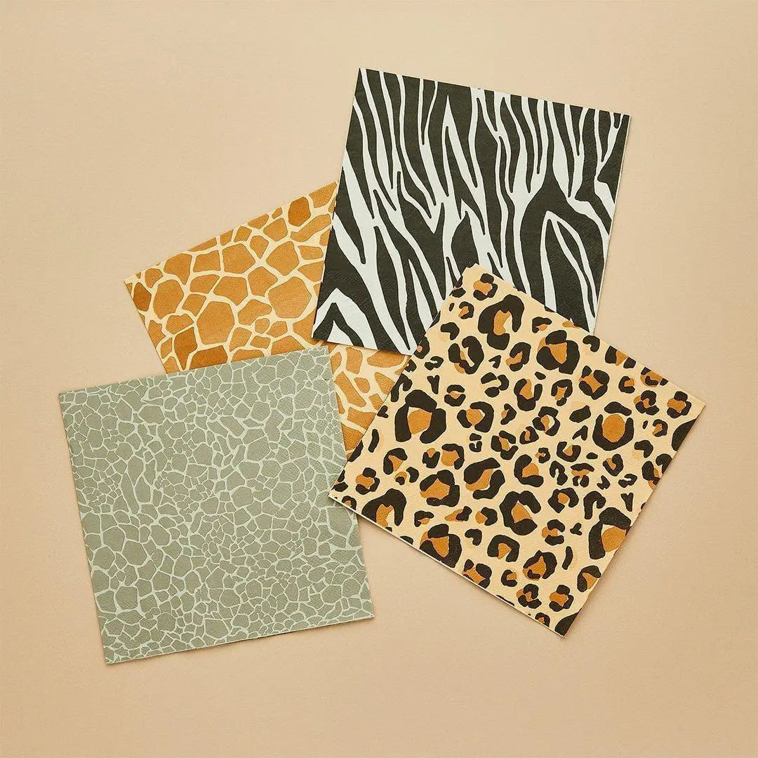 Safari Print Paper Napkins - 4 Mixed Jungle Animal Designs - Wild One Birthday Party Tableware - Leopard Zebra Giraffe Print - Pack of 16 - Jolie Fete UK