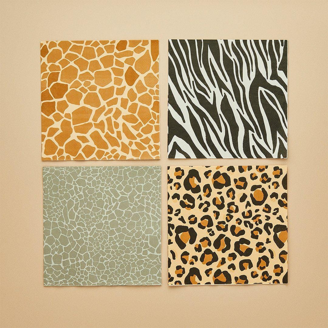 Safari Print Paper Napkins - 4 Mixed Jungle Animal Designs - Wild One Birthday Party Tableware - Leopard Zebra Giraffe Print - Pack of 16 - Jolie Fete UK