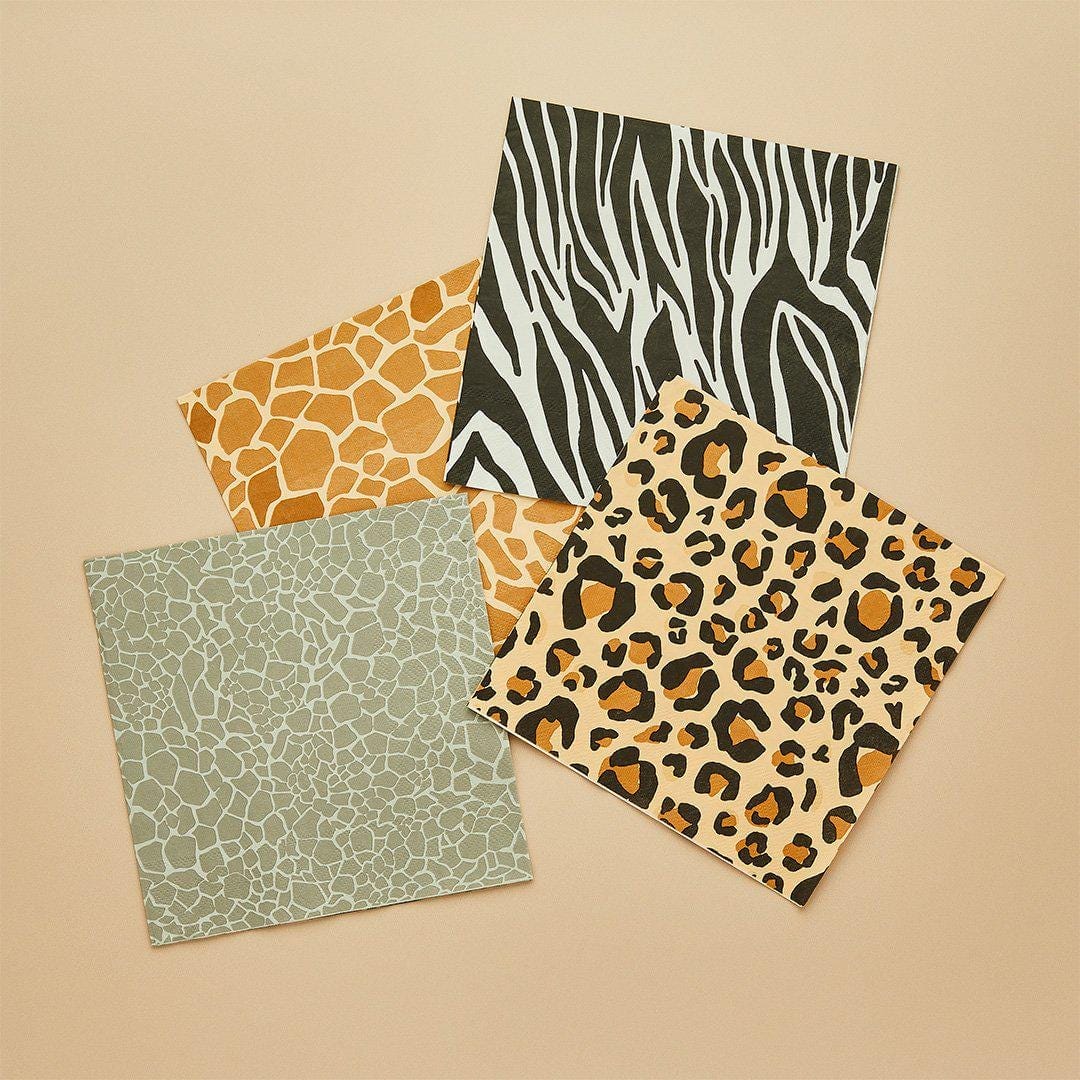 Safari Print Paper Napkins - 4 Mixed Jungle Animal Designs - Wild One Birthday Party Tableware - Leopard Zebra Giraffe Print - Pack of 16 - Jolie Fete UK
