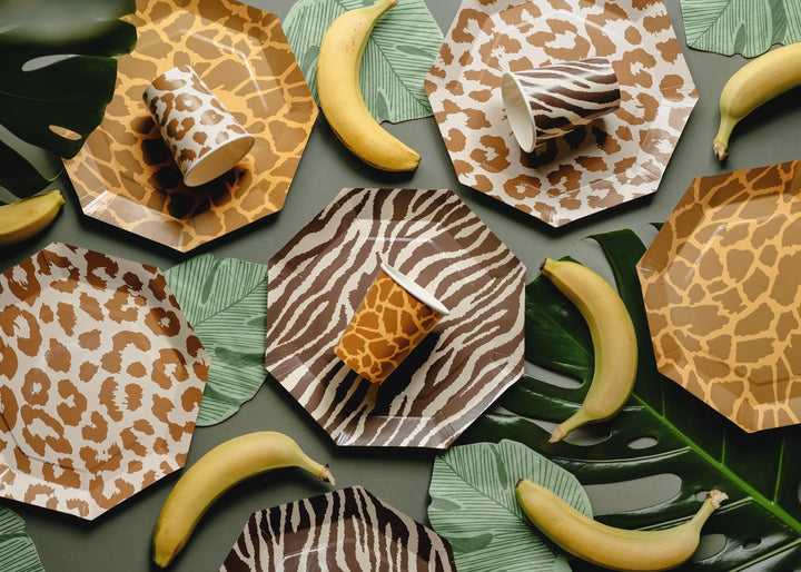 Safari Animal Print Paper Plates - Jungle Theme Birthday Tableware - Zebra Leopard, Giraffe Octagonal Plates - Wild One Decor - Pack Of 8 - Jolie Fete UK