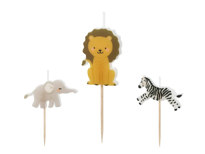 Safari Birthday Candles - Jungle Animal Cake Toppers - Kids Birthday Candles - Wild One Cake Decor - Lion, Elephant & Zebra - Pack Of 3 - Jolie Fete UK