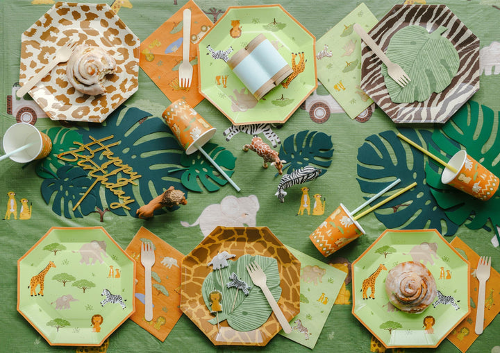 Safari Paper Napkins - Kids Jungle Party Tableware - Green & Orange Animal Napkins - First Birthday Decor - Wild One Theme - Pack Of 12 - Jolie Fete UK