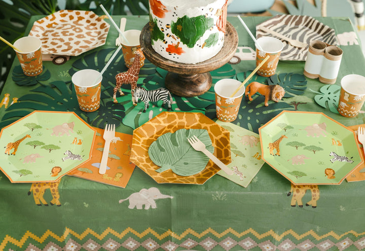 Safari Paper Napkins - Kids Jungle Party Tableware - Green & Orange Animal Napkins - First Birthday Decor - Wild One Theme - Pack Of 12 - Jolie Fete UK