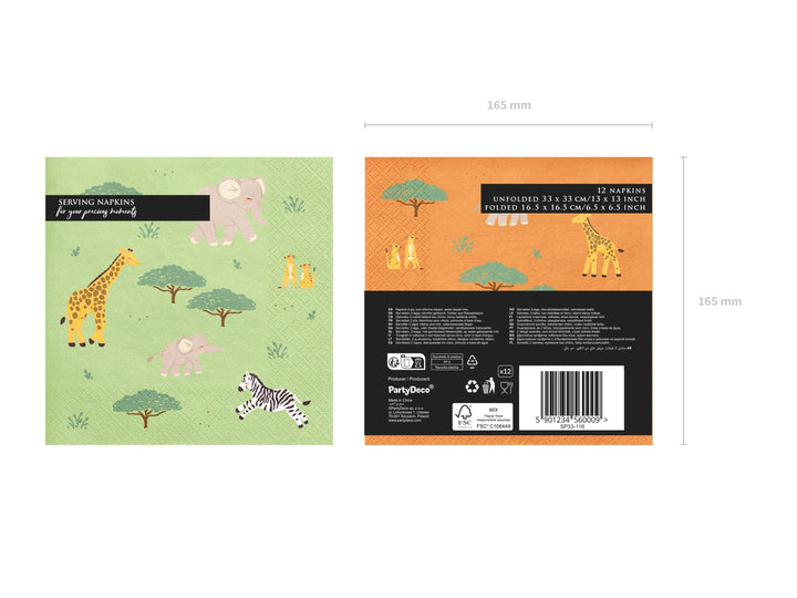 Safari Paper Napkins - Kids Jungle Party Tableware - Green & Orange Animal Napkins - First Birthday Decor - Wild One Theme - Pack Of 12 - Jolie Fete UK
