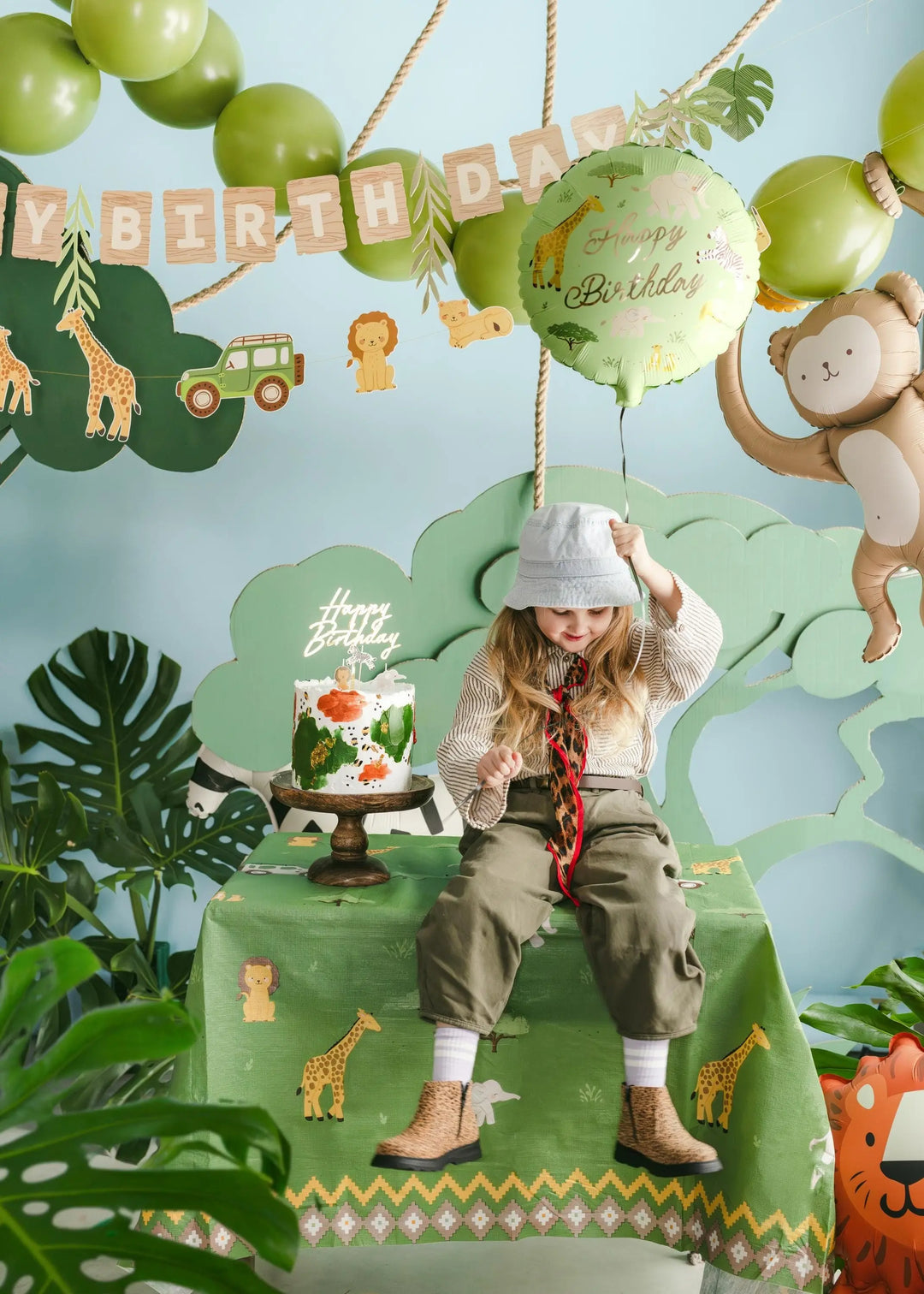 Safari Tablecloth - Kids Jungle Table Cover - Green Poly Cotton Tablecloth - First Birthday Party - Wild One Decor - Jolie Fete UK