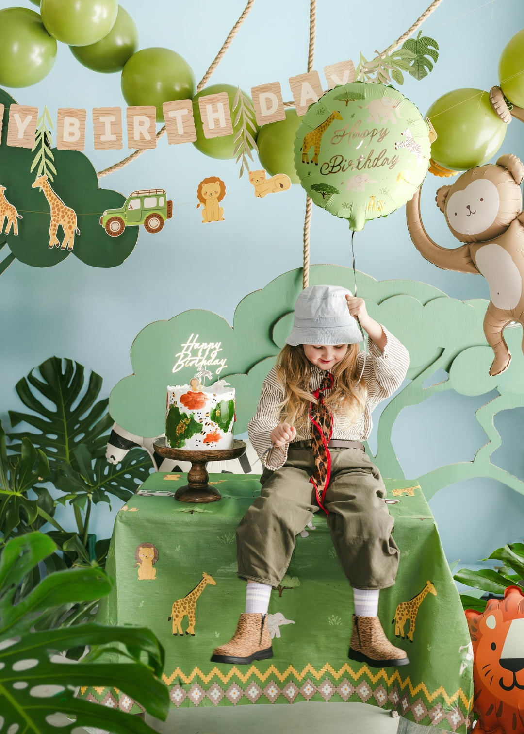 Safari Tablecloth - Kids Jungle Table Cover - Green Poly Cotton Tablecloth - First Birthday Party - Wild One Decor - Jolie Fete UK
