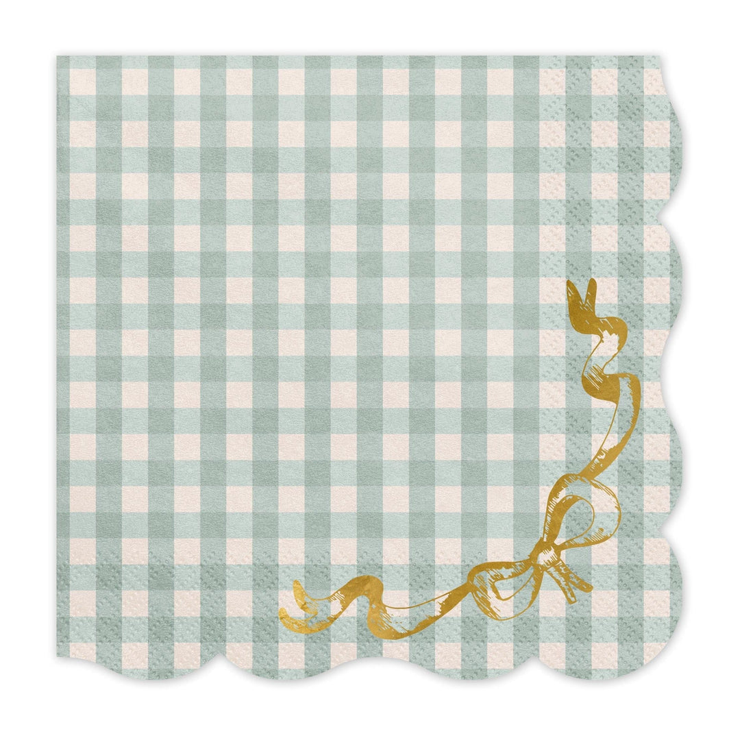 Checkered Paper Napkins With Bow - Gingham Tableware - Pastel Green & Gold Party Supplies - Baby Shower - Picnic Decor - Pack Of 12 - Jolie Fete UK