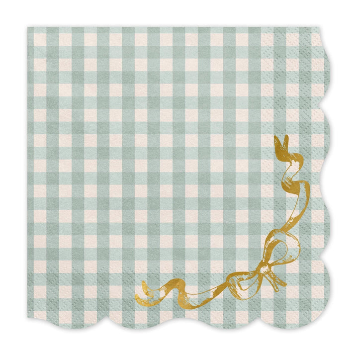 Checkered Paper Napkins With Bow - Gingham Tableware - Pastel Green & Gold Party Supplies - Baby Shower - Picnic Decor - Pack Of 12 - Jolie Fete UK