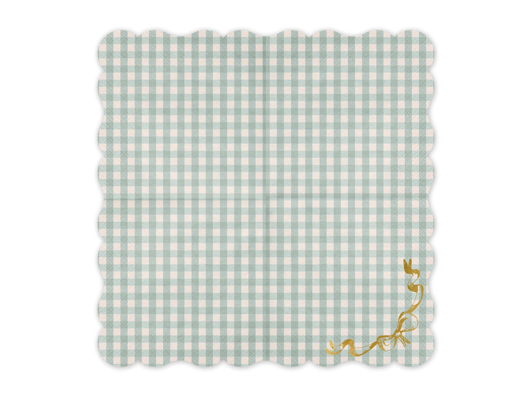 Checkered Paper Napkins With Bow - Gingham Tableware - Pastel Green & Gold Party Supplies - Baby Shower - Picnic Decor - Pack Of 12 - Jolie Fete UK