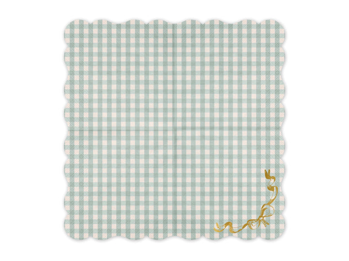 Checkered Paper Napkins With Bow - Gingham Tableware - Pastel Green & Gold Party Supplies - Baby Shower - Picnic Decor - Pack Of 12 - Jolie Fete UK