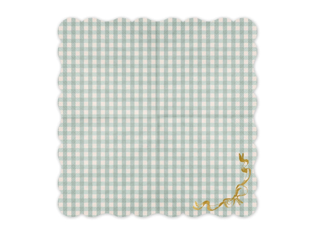 Checkered Paper Napkins With Bow - Gingham Tableware - Pastel Green & Gold Party Supplies - Baby Shower - Picnic Decor - Pack Of 12 - Jolie Fete UK