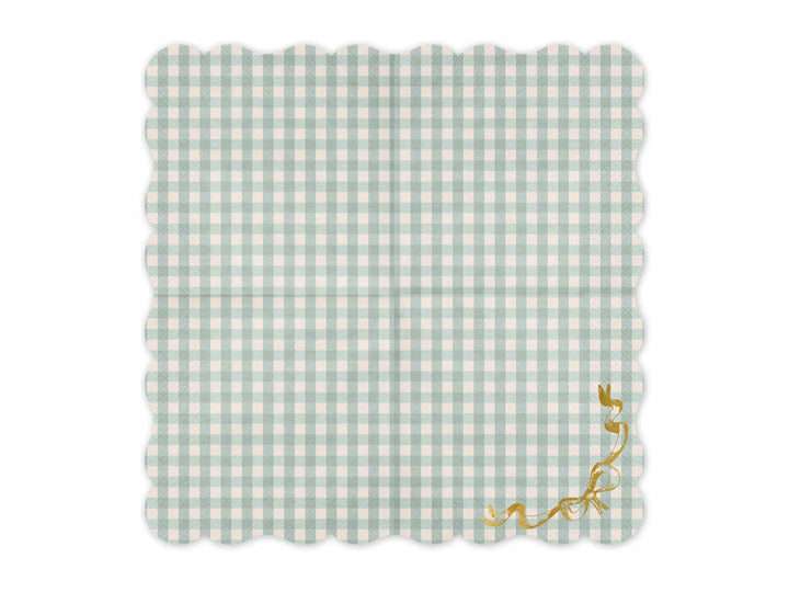 Checkered Paper Napkins With Bow - Gingham Tableware - Pastel Green & Gold Party Supplies - Baby Shower - Picnic Decor - Pack Of 12 - Jolie Fete UK