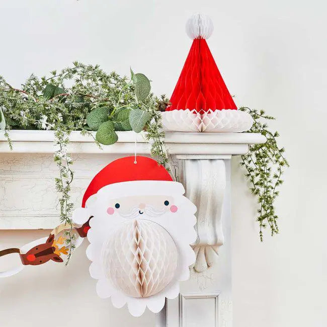 Santa Honeycomb Decorations - Pack of 2 - Christmas Hanging Decor - Festive Ceiling Decoration - Xmas Table Centrepiece - Father Christmas - Jolie Fete UK