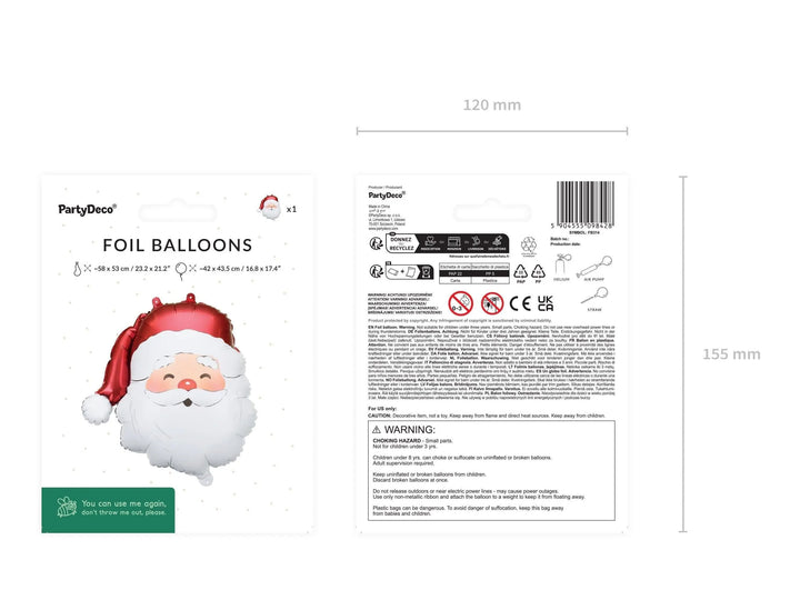 Santa Claus Foil Balloon - Santa Face Christmas Decoration - Festive Party Balloon - Holiday Home Decor-Kids Xmas-Inflate With Helium or Air - Jolie Fete UK