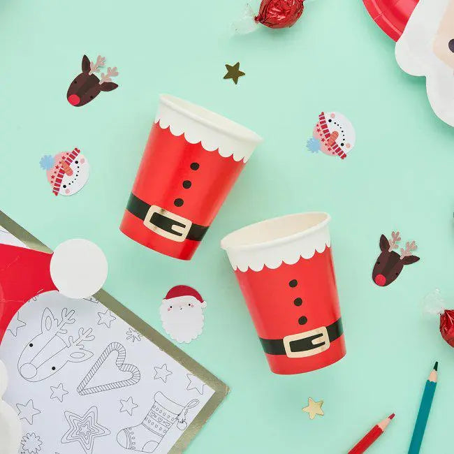 Santa Christmas Paper Cups - Kids Christmas Party Cups - Festive Tableware - Xmas Party Supplies - Santa Claus Party Cups - Pack of 8 - Jolie Fete UK