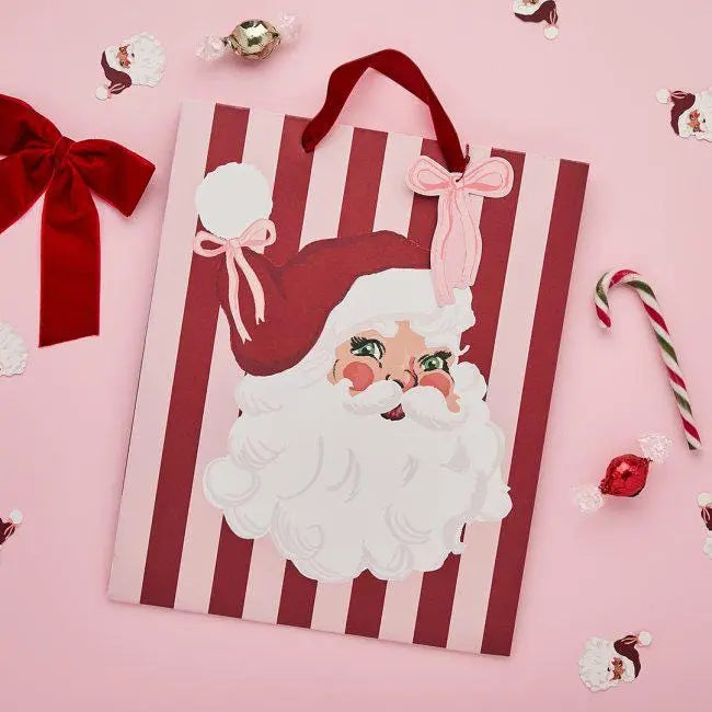 Santa & Stripe Medium Christmas Gift Bag - Vintage Santa Gift Bag - Pink and Red Christmas Present Bag - Xmas Party Favour Bag - Gift Wrap - Jolie Fete UK