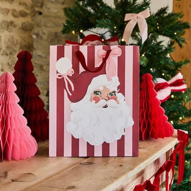 Santa & Stripe Medium Christmas Gift Bag - Vintage Santa Gift Bag - Pink and Red Christmas Present Bag - Xmas Party Favour Bag - Gift Wrap - Jolie Fete UK