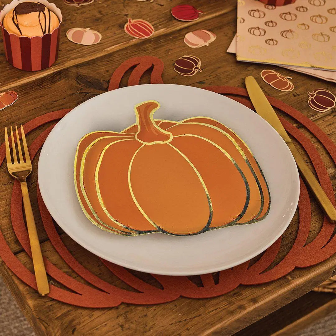 Halloween Pumpkin Paper Plates - Pack of 8 - Gold Foil - Spooky Party Tableware - Small Orange Halloween Plates - Party Supplies - Jolie Fete UK