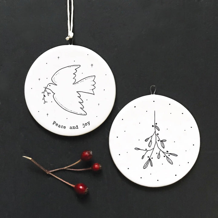 Porcelain Christmas Decoration - Small White Christmas Tree Decoration - Peace And Joy - White Dove & Mistletoe - Holiday Decor - x1 - Jolie Fete UK