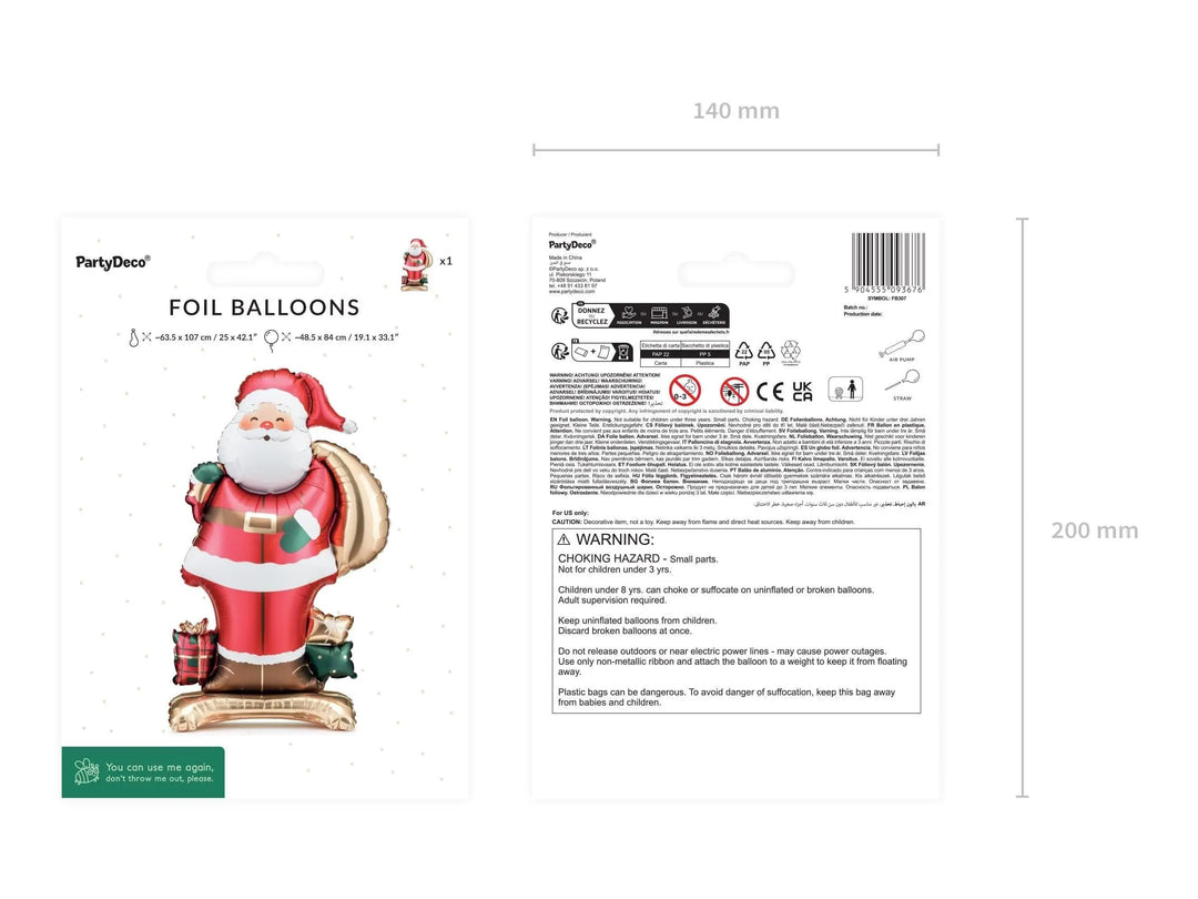 Standing Santa Claus Foil Balloon - Large Christmas Decoration - Festive Party Balloon - Holiday Home Decor - Kids Xmas - Inflate With Air - Jolie Fete UK