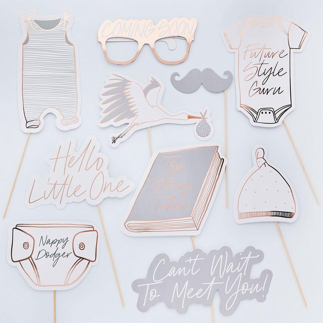 Stork Baby Shower Cupcake Toppers - Hello Little One Food Picks - Rose Gold & Grey Decorations - Pack of 6 - Jolie Fete UK