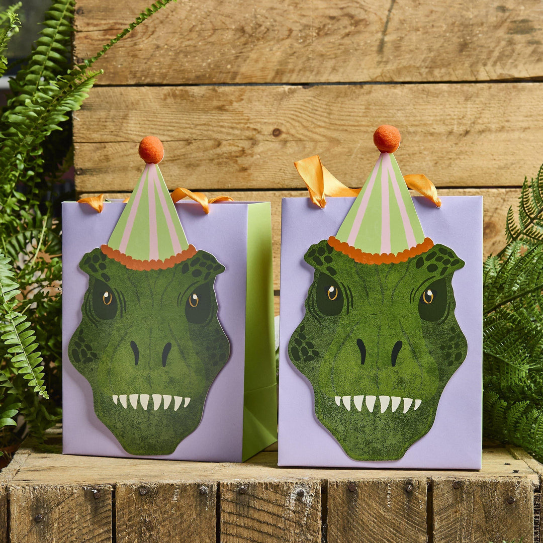 Dinosaur Party Bags - T Rex Birthday Favour Bags with 3D Pom Poms & Ribbon Handles - Kids Roarsome Birthday Party - Pack Of 5 - Jolie Fete UK