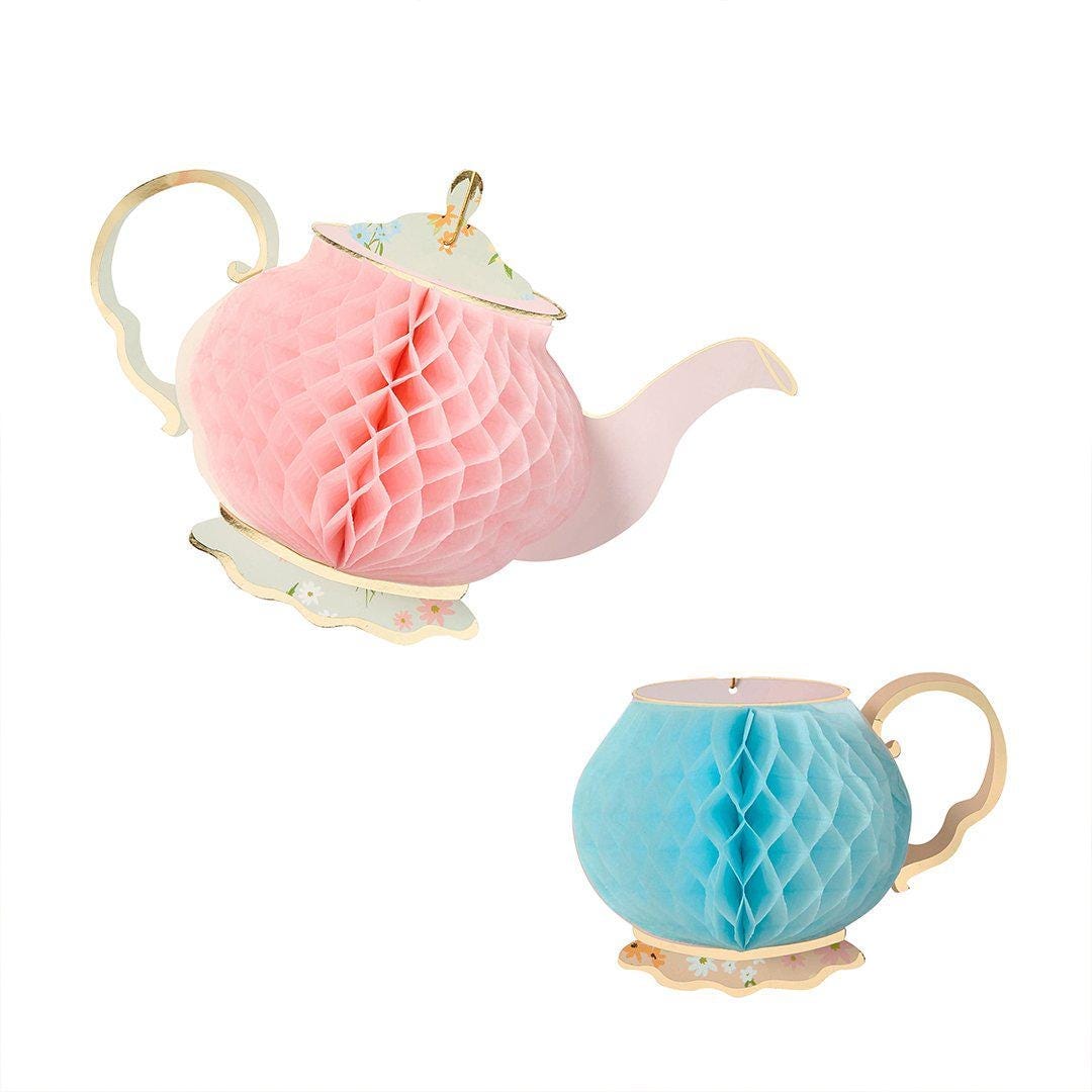 Tea Party Honeycomb Decorations - 2 Pack Teapot & Teacup Centrepieces - Floral Garden Party Decor - Vintage Hen Party And Baby Shower Props - Jolie Fete UK
