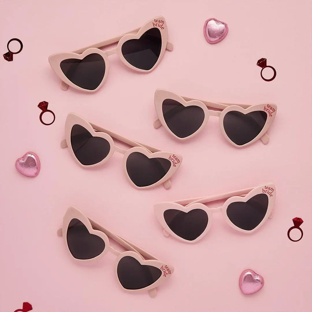 Team Bride Heart Sunglasses - Pink & Red Hen Party Favours - She’s Tying The Knot Coquette Hen Do Accessories - Bridal Shower - Pack of 5 - Jolie Fete UK
