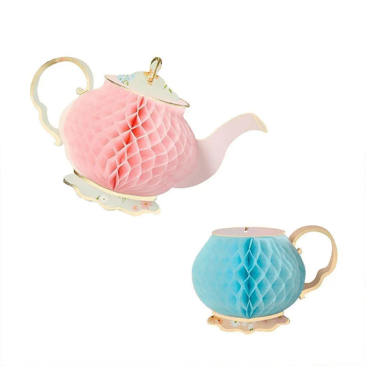Tea Party Honeycomb Decorations - 2 Pack Teapot & Teacup Centrepieces - Floral Garden Party Decor - Vintage Hen Party And Baby Shower Props - Jolie Fete UK