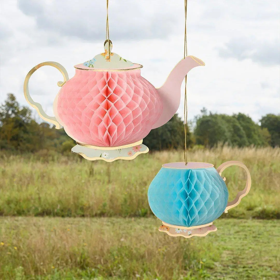 Tea Party Honeycomb Decorations - 2 Pack Teapot & Teacup Centrepieces - Floral Garden Party Decor - Vintage Hen Party And Baby Shower Props - Jolie Fete UK