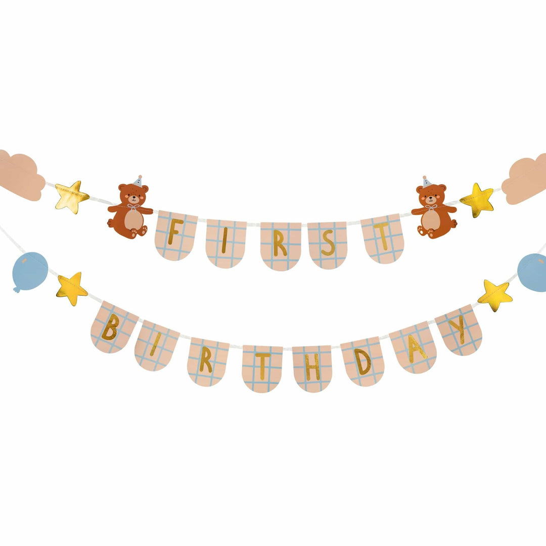 Teddy Bear 1st Birthday Banner - Blue Grid First Birthday Bunting - Bearly Wait Theme Party Decor - 2.5m Neutral Bear Garland - Jolie Fete UK