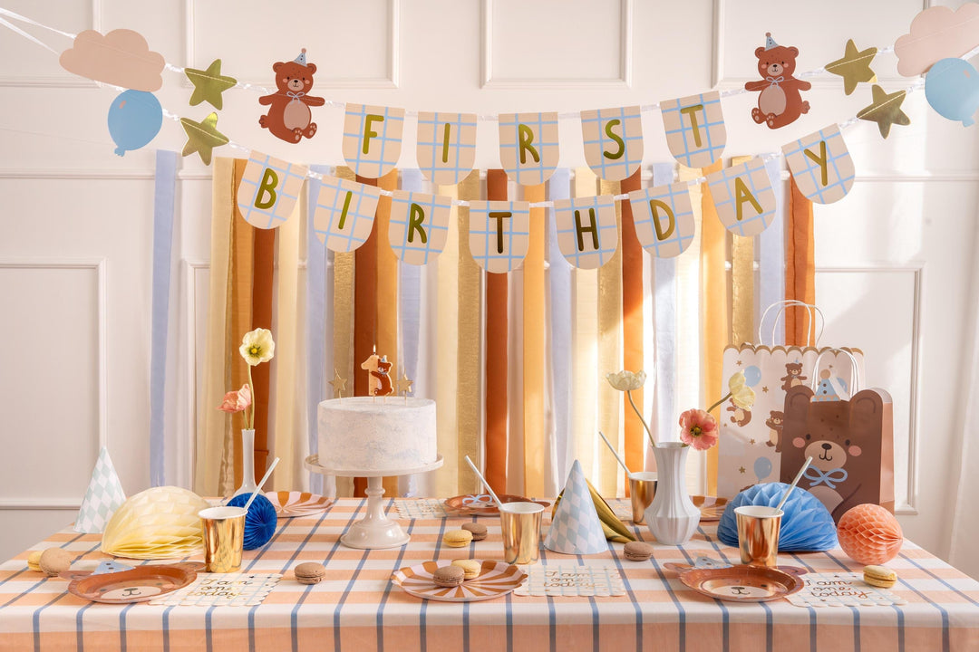 Teddy Bear 1st Birthday Banner - Blue Grid First Birthday Bunting - Bearly Wait Theme Party Decor - 2.5m Neutral Bear Garland - Jolie Fete UK