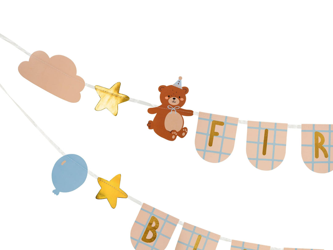 Teddy Bear 1st Birthday Banner - Blue Grid First Birthday Bunting - Bearly Wait Theme Party Decor - 2.5m Neutral Bear Garland - Jolie Fete UK