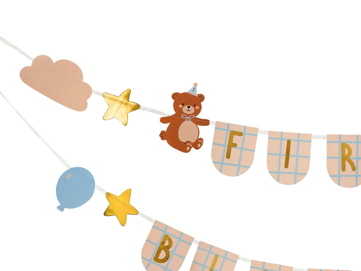 Teddy Bear 1st Birthday Banner - Blue Grid First Birthday Bunting - Bearly Wait Theme Party Decor - 2.5m Neutral Bear Garland - Jolie Fete UK
