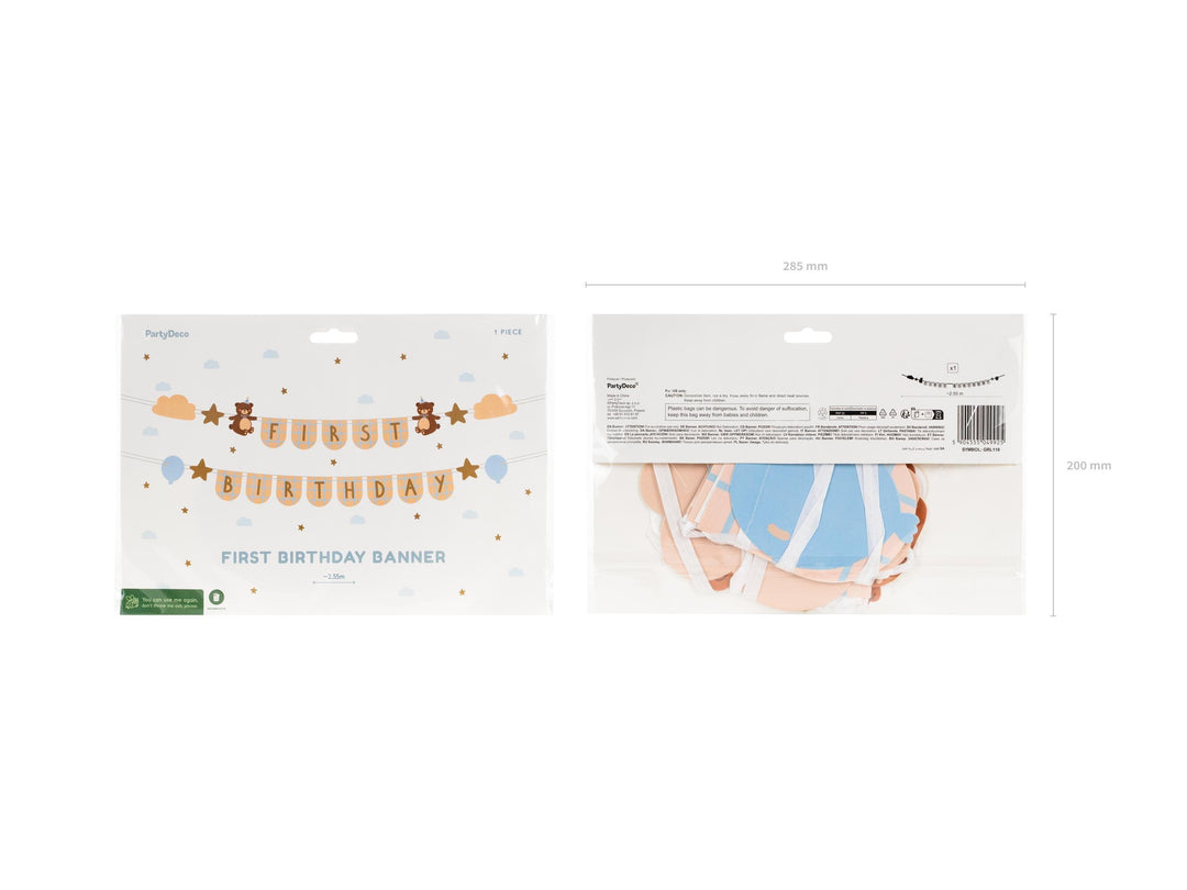 Teddy Bear 1st Birthday Banner - Blue Grid First Birthday Bunting - Bearly Wait Theme Party Decor - 2.5m Neutral Bear Garland - Jolie Fete UK