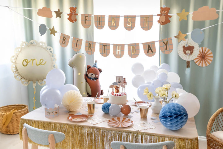 Teddy Bear 1st Birthday Banner - Blue Grid First Birthday Bunting - Bearly Wait Theme Party Decor - 2.5m Neutral Bear Garland - Jolie Fete UK