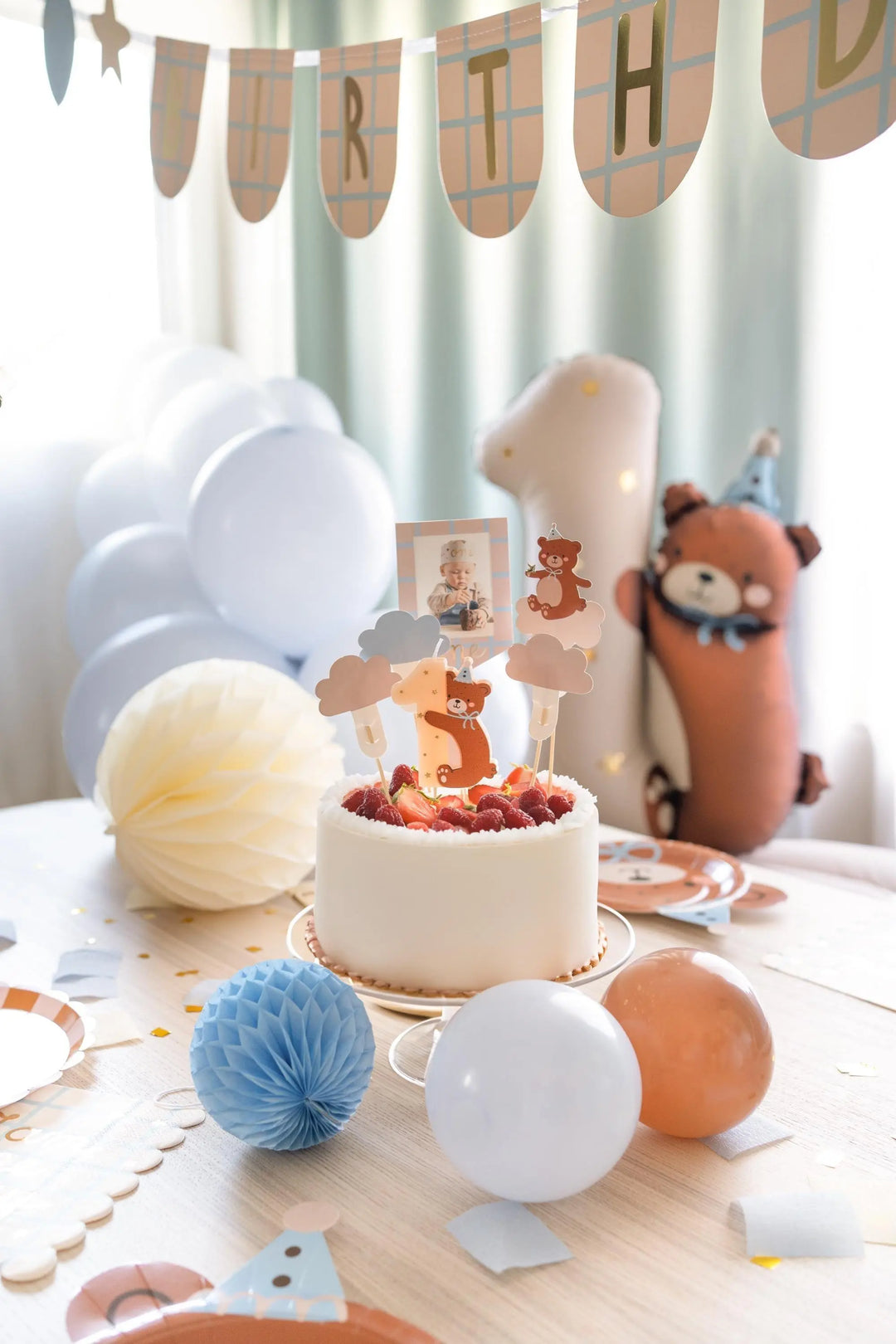 Teddy Bear First Birthday Cake Toppers - 1st Birthday Photo Frame Topper - Cloud & Bear Cake Smash Decorations - Boy or Girl - Pack Of 5 - Jolie Fete UK
