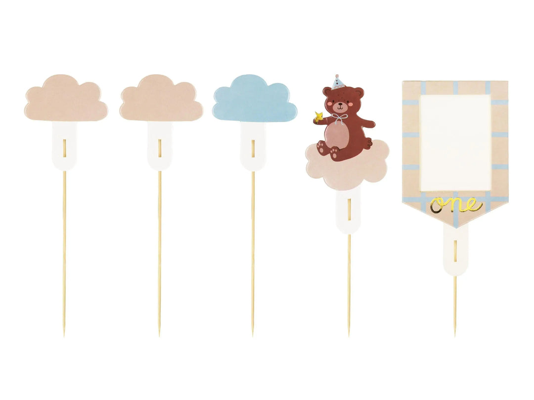 Teddy Bear First Birthday Cake Toppers - 1st Birthday Photo Frame Topper - Cloud & Bear Cake Smash Decorations - Boy or Girl - Pack Of 5 - Jolie Fete UK