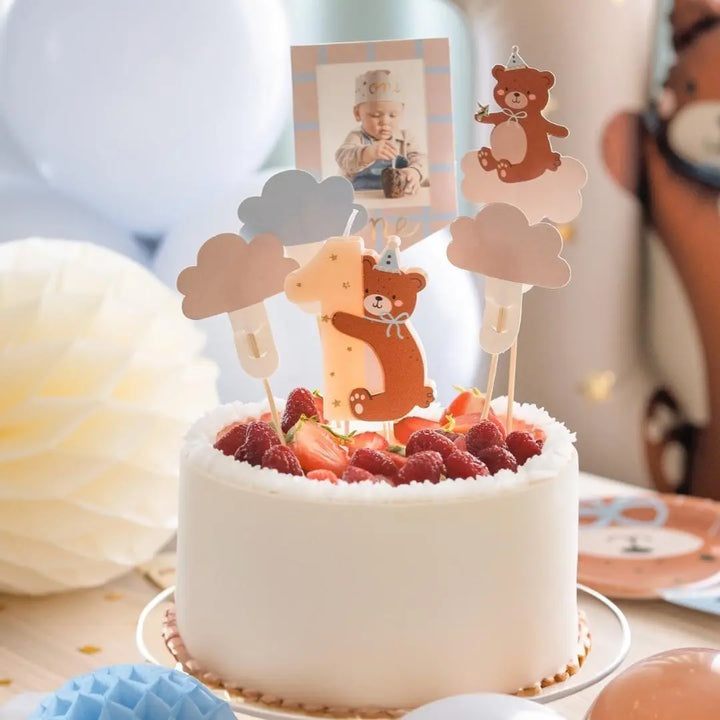Teddy Bear First Birthday Cake Toppers - 1st Birthday Photo Frame Topper - Cloud & Bear Cake Smash Decorations - Boy or Girl - Pack Of 5 - Jolie Fete UK