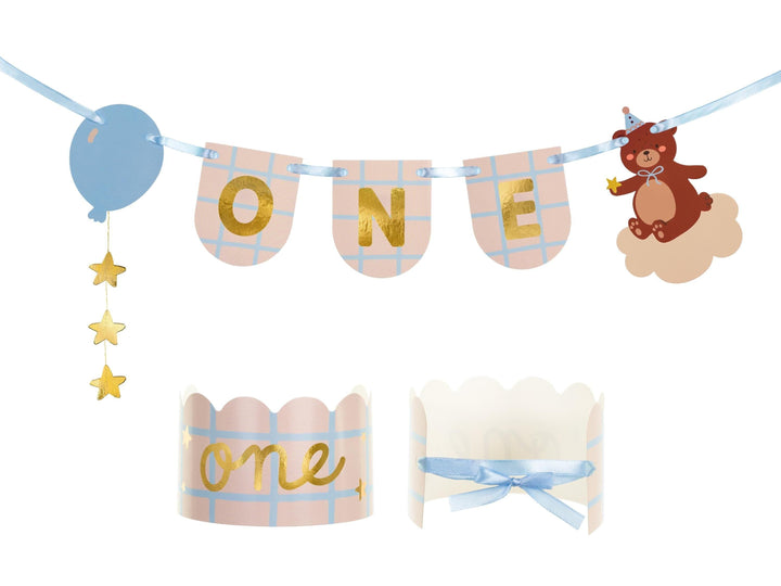 Teddy Bear 1st Birthday Highchair Banner & Crown - Cake Smash Prop - Gold Foil "One" Bunting - Boys First Birthday Set - Birthday Garland - Jolie Fete UK