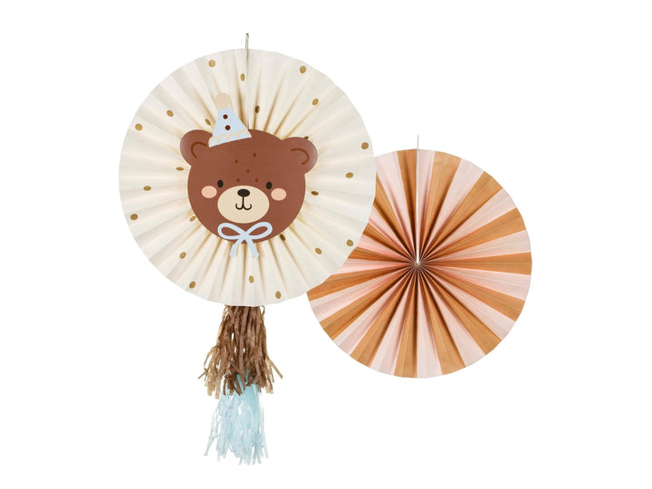 Teddy Bear Decorative Rosettes - 1st Birthday Paper Fans - Bearly Wait Theme Party Decor - Neutral Nursery Baby Shower Bunting - Set of 2 - Jolie Fete UK
