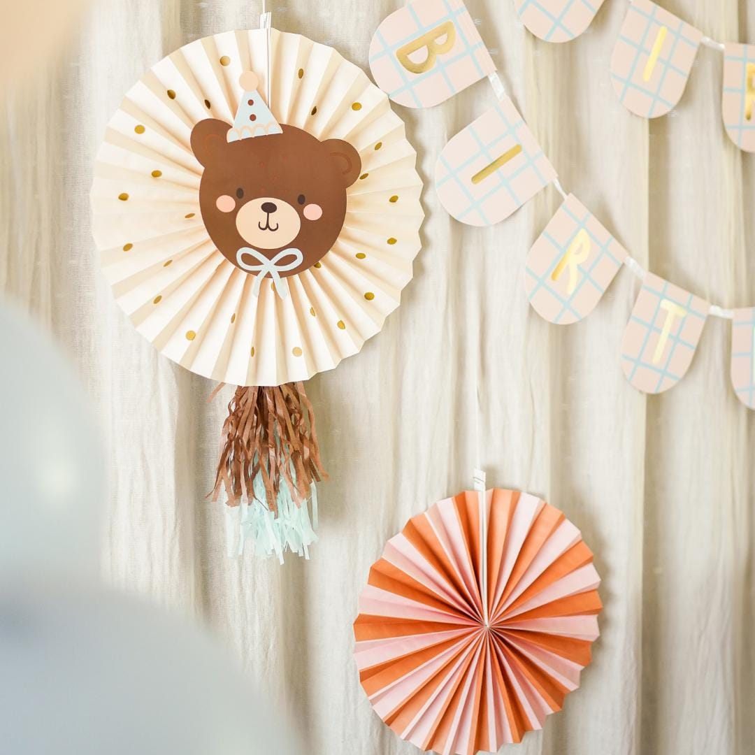 Teddy Bear Decorative Rosettes - 1st Birthday Paper Fans - Bearly Wait Theme Party Decor - Neutral Nursery Baby Shower Bunting - Set of 2 - Jolie Fete UK