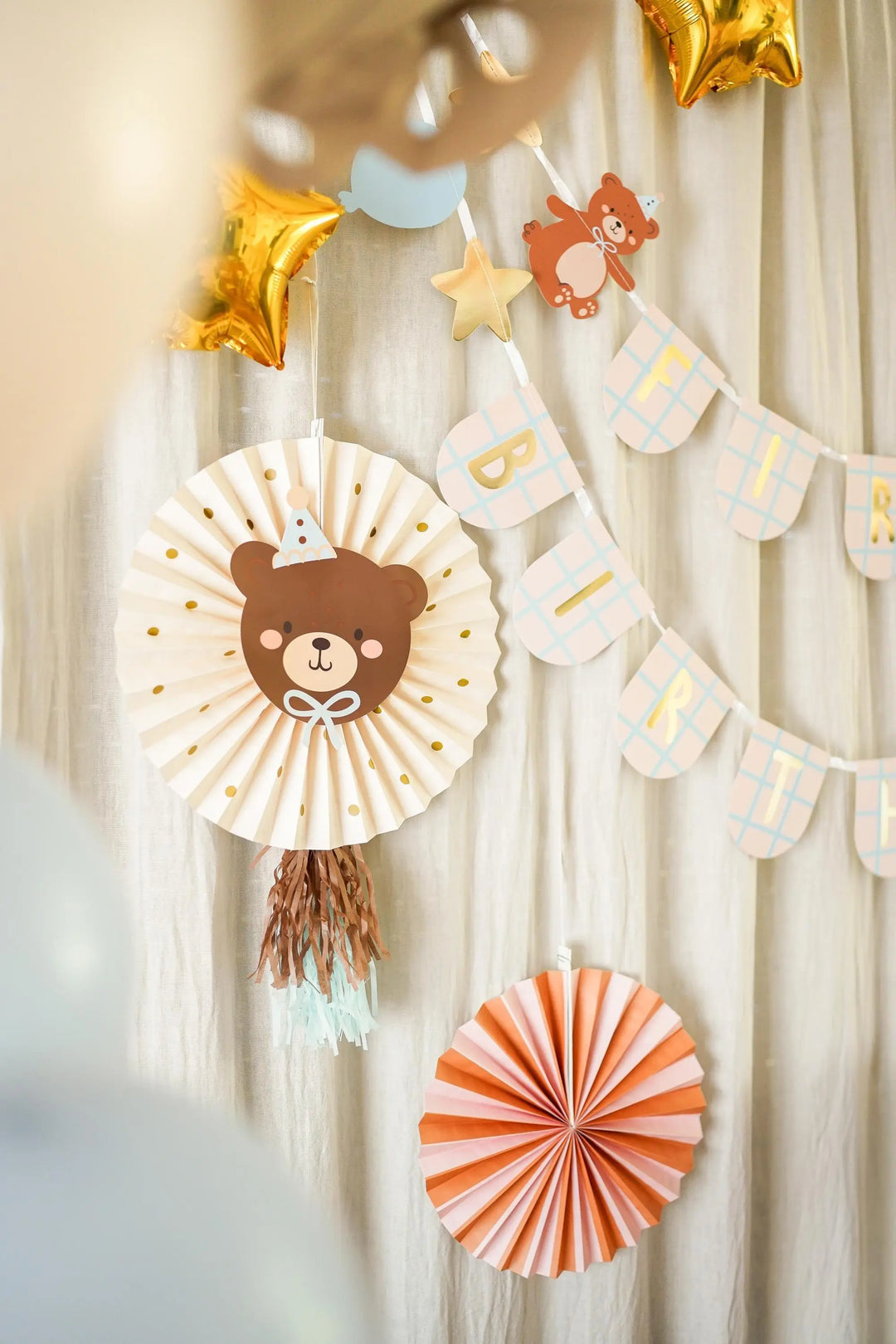 Teddy Bear Decorative Rosettes - 1st Birthday Paper Fans - Bearly Wait Theme Party Decor - Neutral Nursery Baby Shower Bunting - Set of 2 - Jolie Fete UK