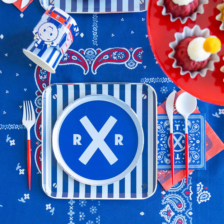 Thomas & Friends Small Bandana Napkins - Train Birthday Party Napkins - Blue Paper Napkins - Thomas Tank Engine Party Supplies - Pack of 24 - Jolie Fete UK